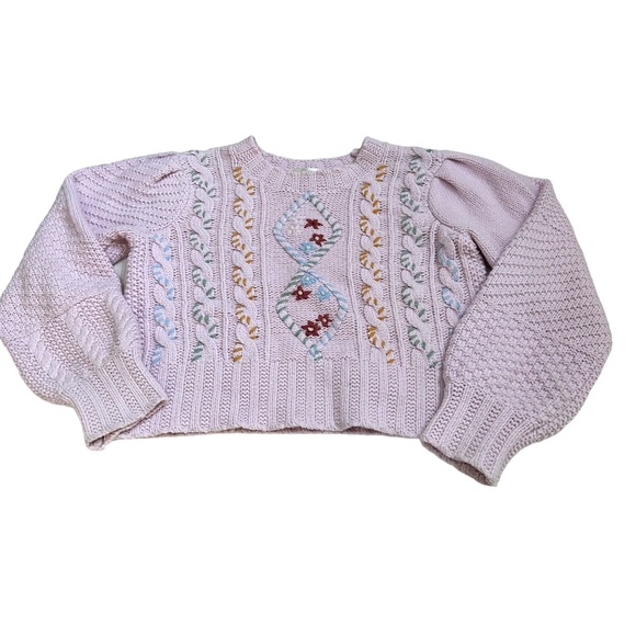 Loveshackfancy Leni Cableknit Crew Neck Pink Embroidered Sweater - Picture 4 of 11